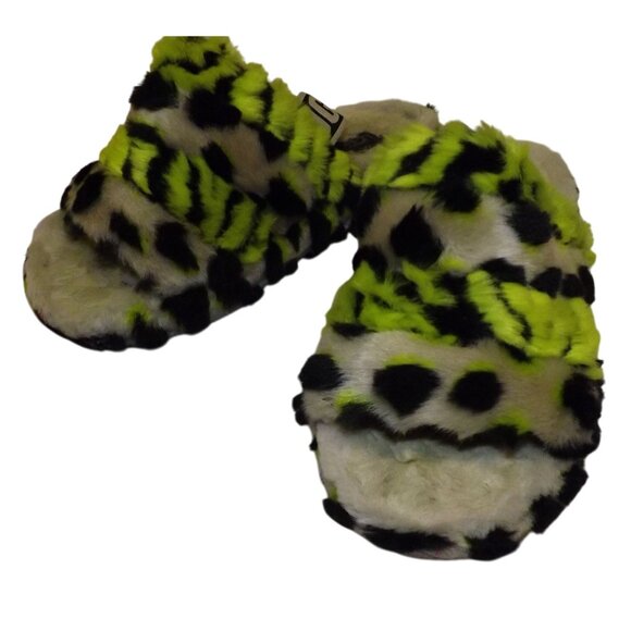 Size 7 UGG Fluff Yeah Animalia Slippers Black Neon Green & Pink Black Animal - Picture 2 of 12